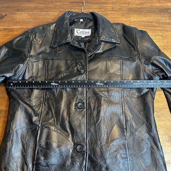 Cellini Leather Coat  Stitch Mosaic Patch Button Up Jacket - Picture 5 of 7